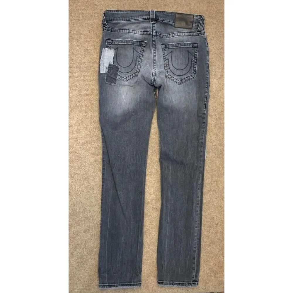 True Religion Rocco Jeans Mens 31 (32x32) Skinny Fit Button Fly Gray Patch Denim